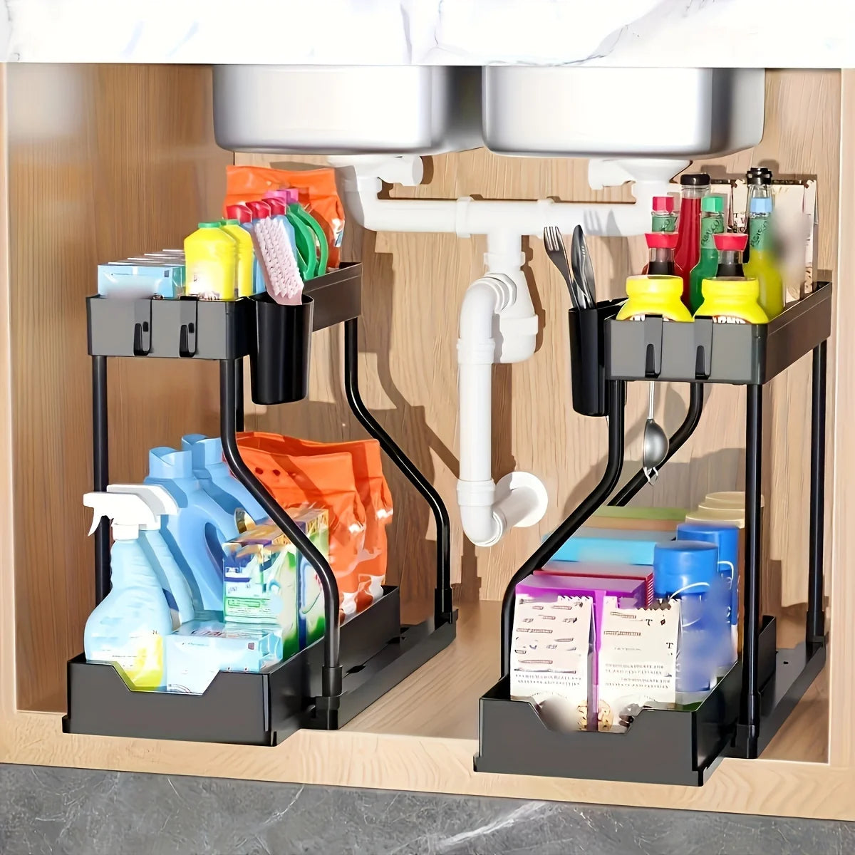 Under‑Sink Sliding Organizer – Double Layer Storage Rack